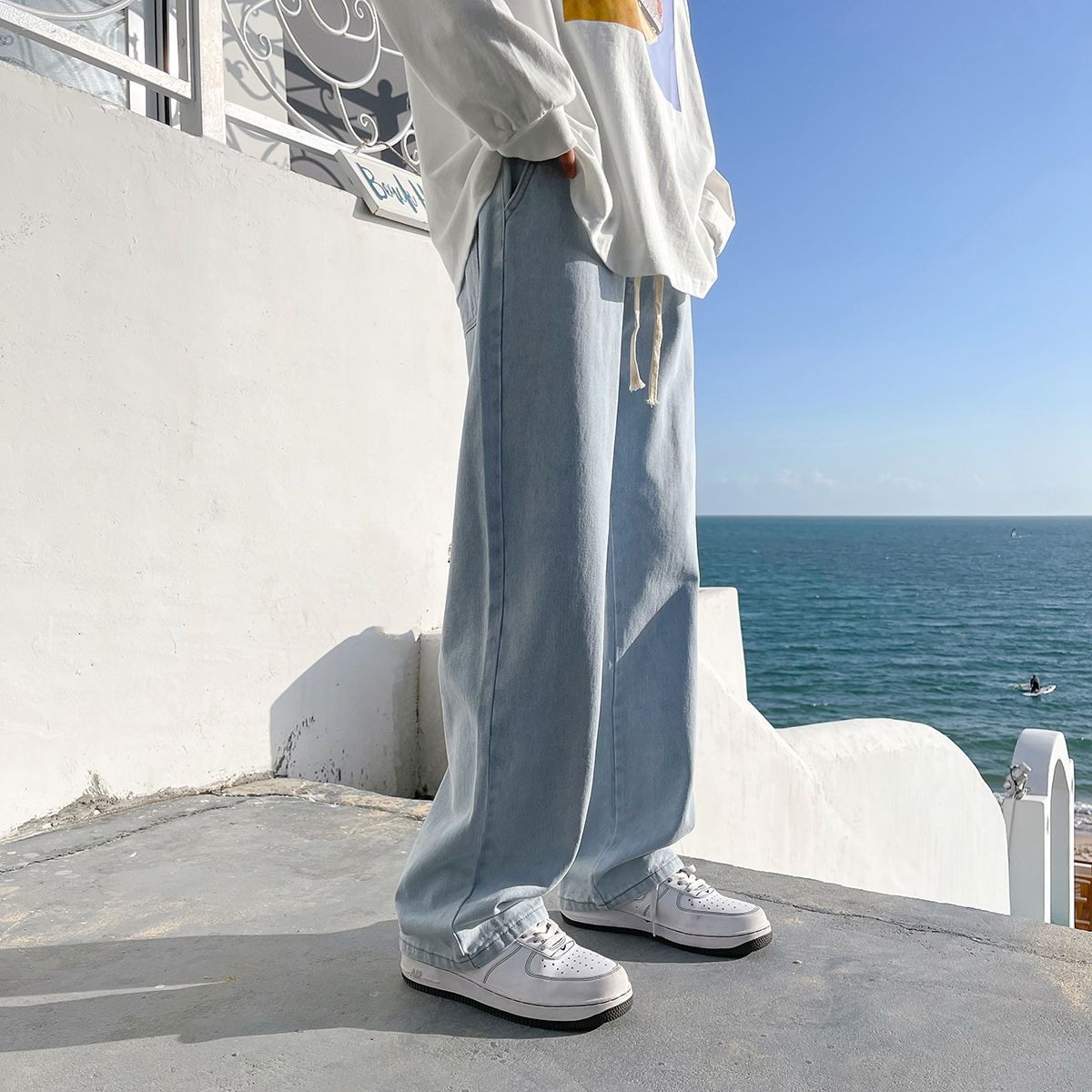 Hong Kong style light-colored elastic waist jeans men's summer thin loose straight-leg trend all-match casual wide-leg long pants