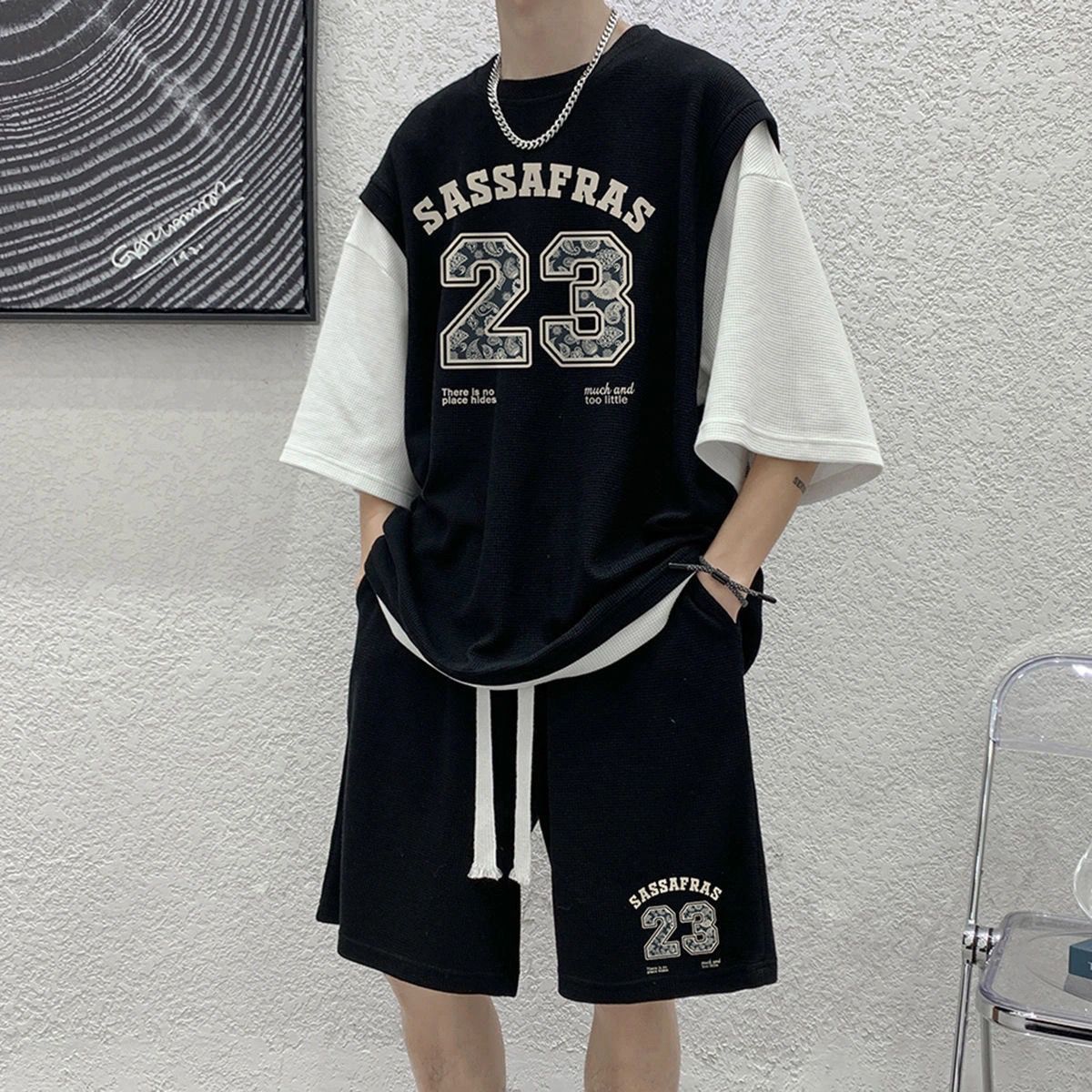 美式篮球运动休闲套装男潮牌搭配一套华夫格t恤男短袖潮流衣服男