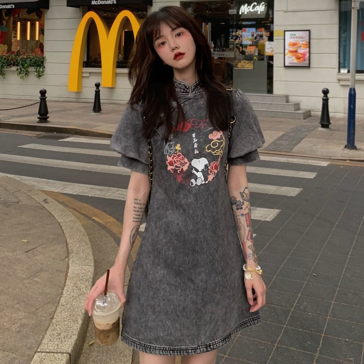 Mid-length retro improved cheongsam denim skirt sweet and fresh stand-up collar cheongsam made of old a-line dress women