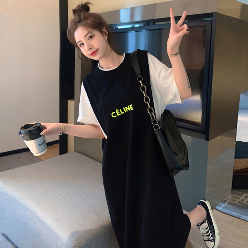 Fat MM extra large size 300 catties pregnant women T-shirt skirt 2023 summer loose hidden meat slim stitching fake two-piece dress