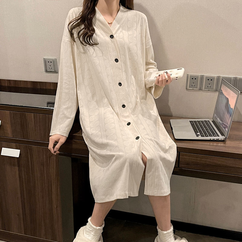 Nightdress women's spring and autumn summer loose long-sleeved nightdress net red explosion style Korean casual can be worn outside home service two-piece set