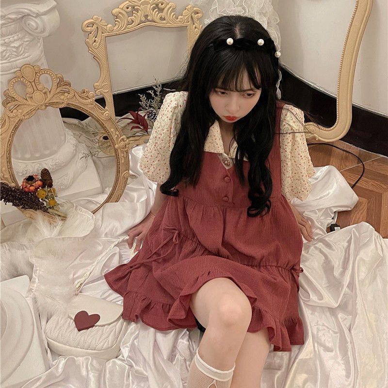 背帶吊帶連衣裙女設計感小眾夏季小個子短款法式碎花上衣裙套裝女