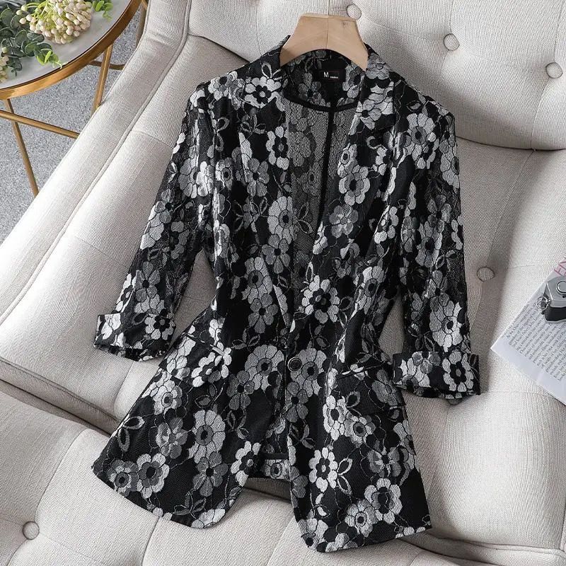 Printed small suit jacket women's summer new net red Korean version casual slim lace thin suit jacket sun protection clothing
