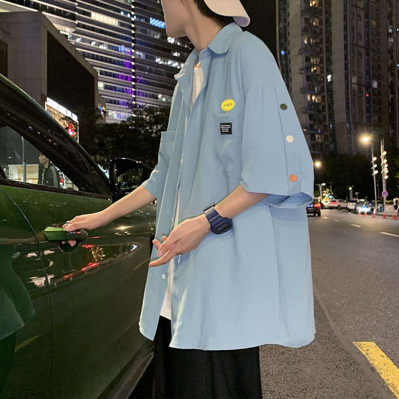 Hong Kong style ruffian handsome shirt boys short-sleeved loose design shirt ins all-match trendy five-quarter-sleeved thin jacket