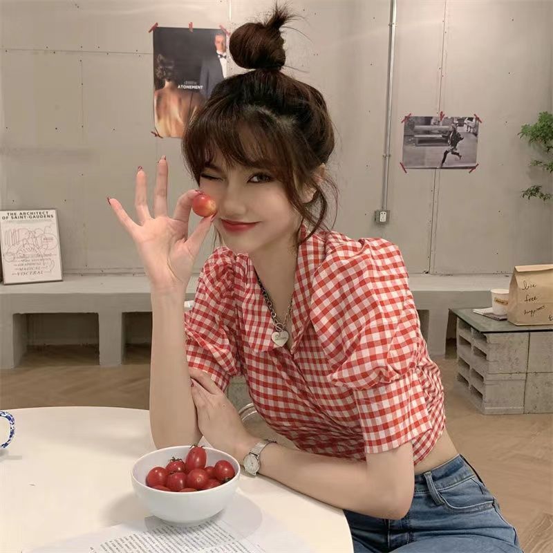 Design sense temperament ethnic style puff sleeve plaid short-sleeved shirt women's summer style thin sweet spicy very fairy top