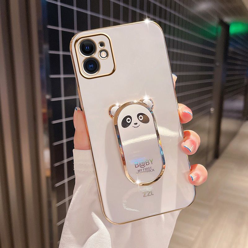 苹果11熊猫支架手机壳13立体指环12保护套适用iPhone直边电镀软壳