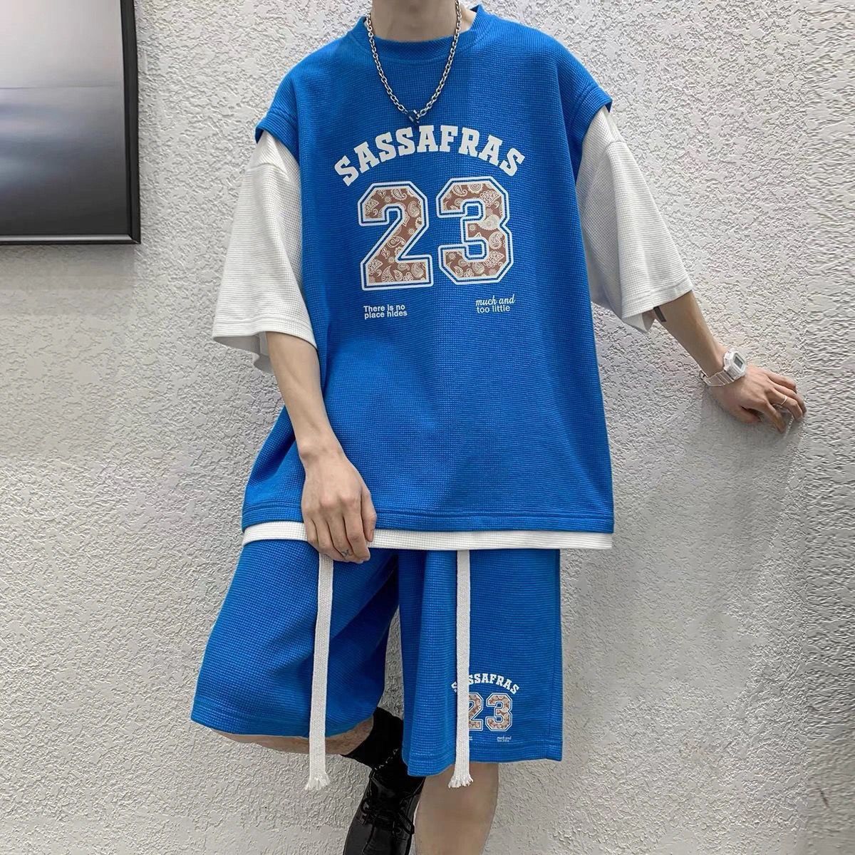美式篮球运动休闲套装男潮牌搭配一套华夫格t恤男短袖潮流衣服男