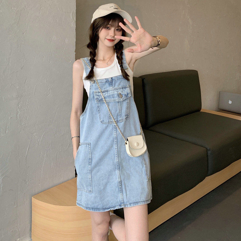 減齡氣質時髦牛仔背帶短裙女夏季2022年新款大碼收腹顯瘦連衣裙子