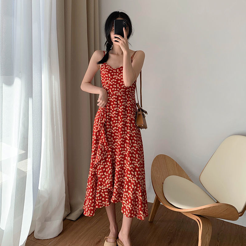 OUKABUYI French retro daisy floral sling dress female summer seaside vacation beach long skirt