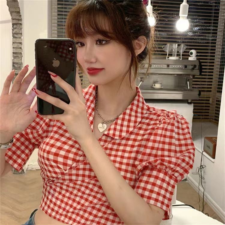 Design sense temperament ethnic style puff sleeve plaid short-sleeved shirt women's summer style thin sweet spicy very fairy top