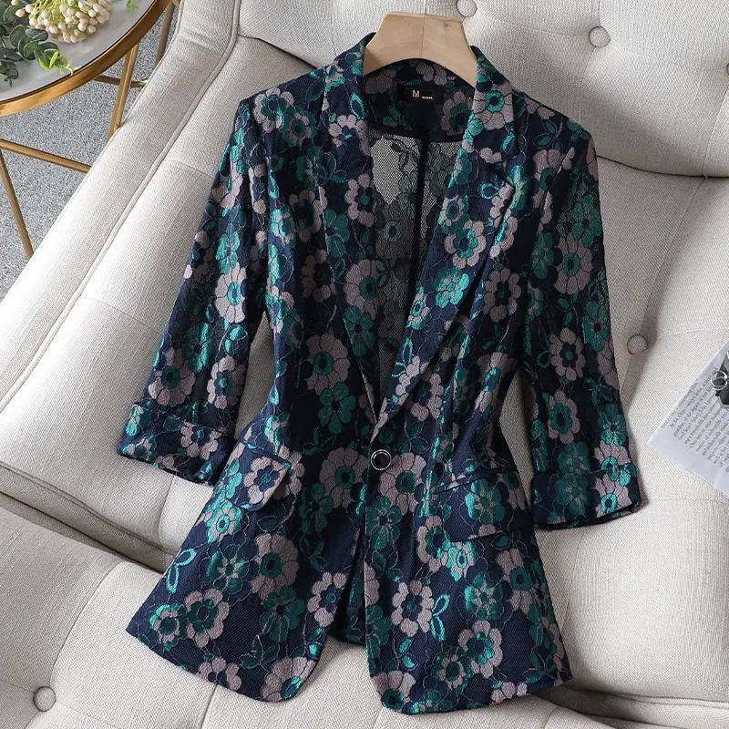 Printed small suit jacket women's summer new net red Korean version casual slim lace thin suit jacket sun protection clothing