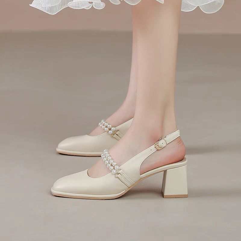 包头凉鞋女新款仙女风配裙子珍珠粗跟单鞋玛丽珍女鞋法式凉鞋