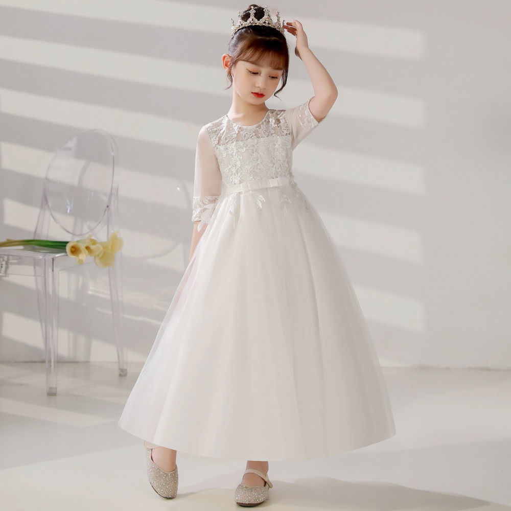 兒童禮服公主裙女童生日小女孩花童婚紗主持人鋼琴演出服演奏白色