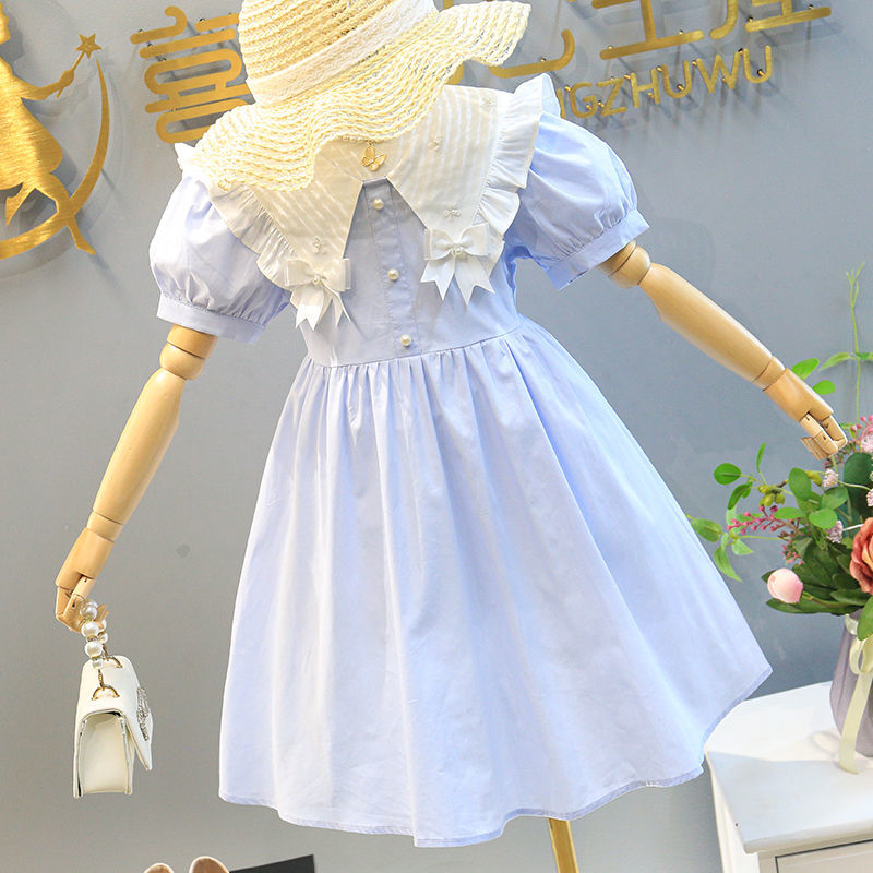 Girls Dress 2022 Summer Dress New Bowknot Cotton Dress Children's Wooden Ear Beaded Puff Sleeve Princess Dress