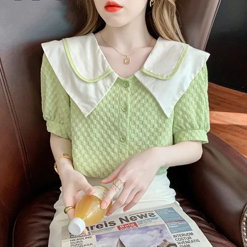 夏季法式娃娃领泡泡袖雪纺衬衣女装2022年新款气质设计感短袖上衣