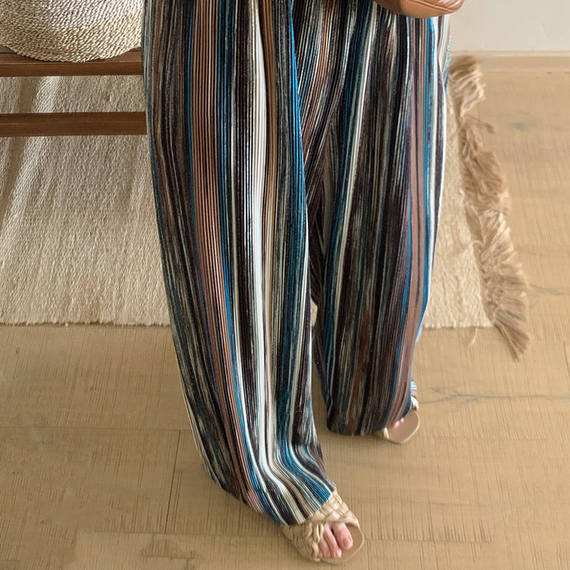 High waist retro casual striped wide-leg pants women's summer thin section drape wrinkle straight tube mopping pants design trendy