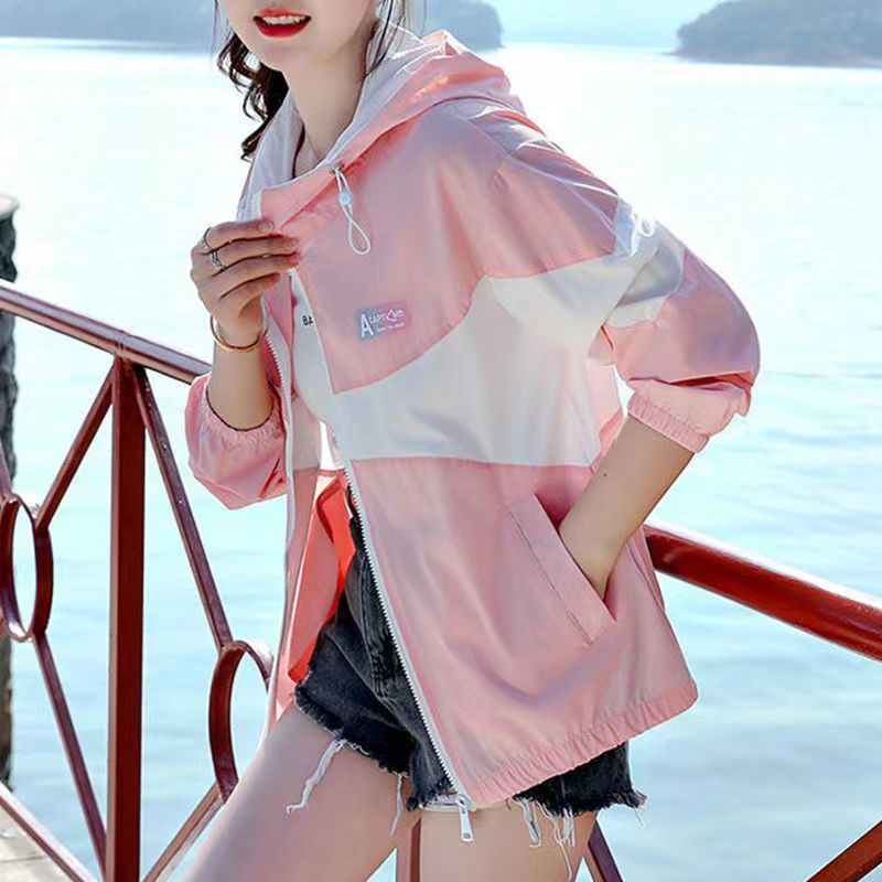 New stitching sunscreen women's  summer hooded Korean version light and breathable anti-ultraviolet large size thin coat