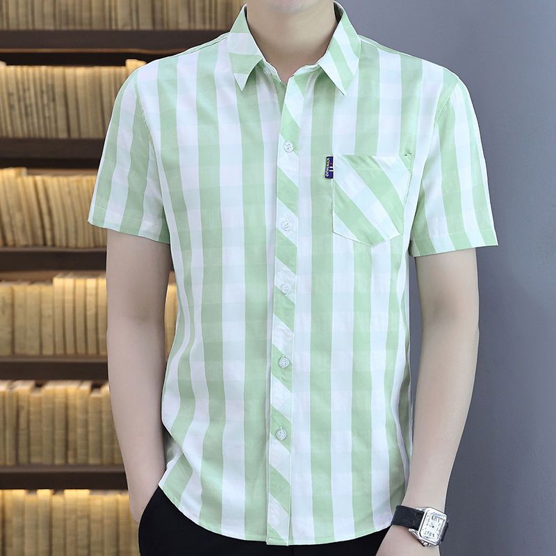 2023 New Summer Ice Silk Short-sleeved Shirt Men's Youth Thin Casual Plaid Shirt Summer Men's Tops