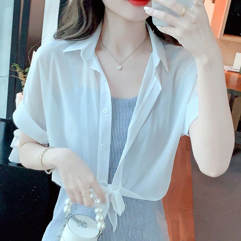 【送吊帶】夏季新款小披肩薄款襯衫小外套女百搭防曬衣雪紡開衫女