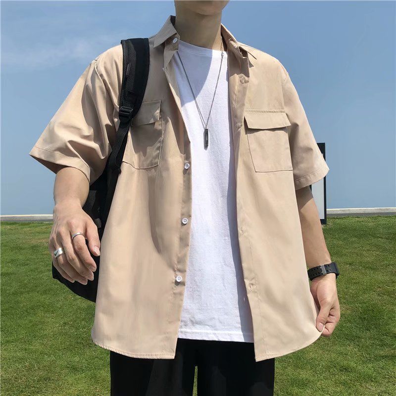 Hong Kong style ins shirt men's short-sleeved Korean version of solid color tooling shirt trend summer thin section five-and-a-half-sleeve Japanese