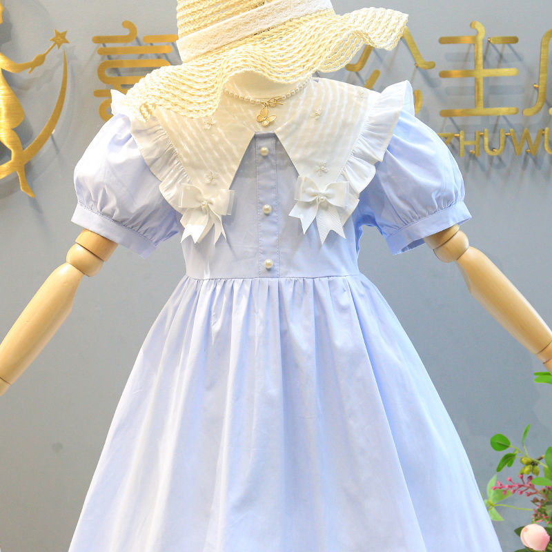 Girls Dress 2022 Summer Dress New Bowknot Cotton Dress Children's Wooden Ear Beaded Puff Sleeve Princess Dress