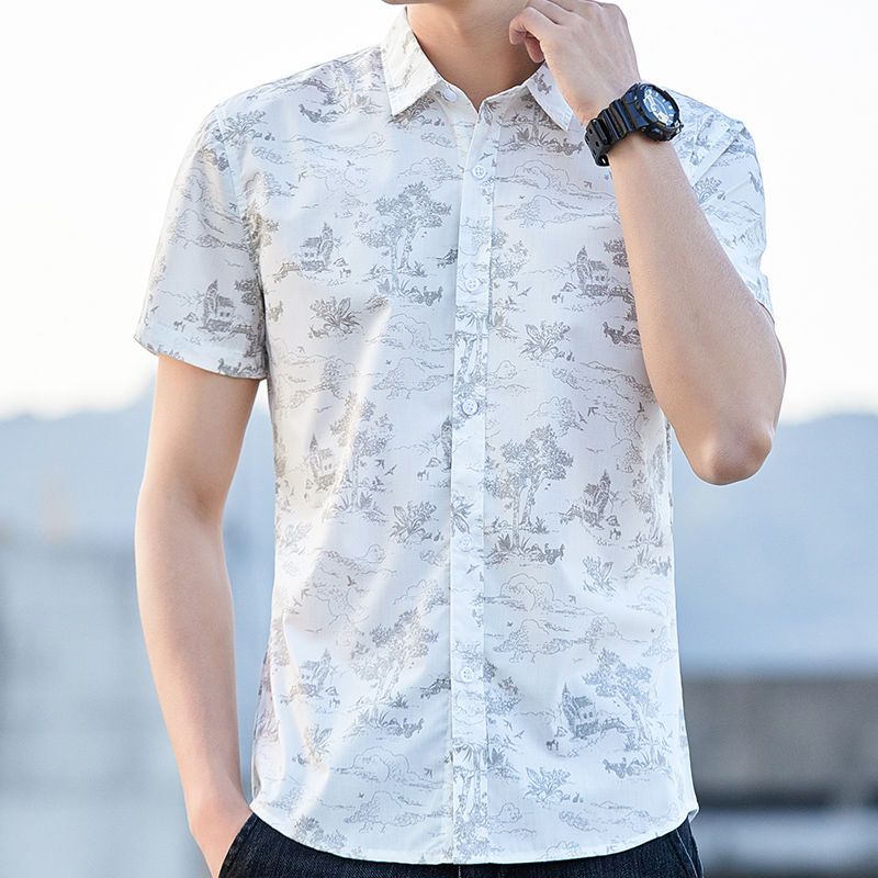 High-grade flexible cotton ink printing shirt men's summer white short-sleeved shirt handsome men's shirt trendy
