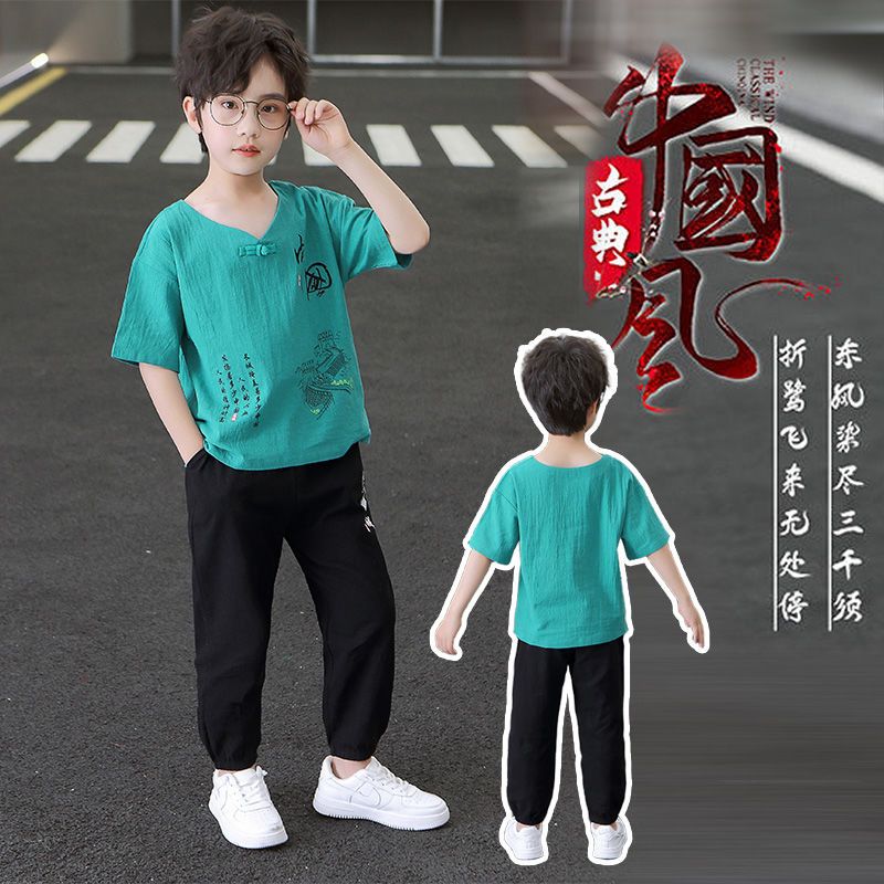 男童短袖套装男孩中国风汉服儿童唐装夏季薄款棉麻两件套表演服潮