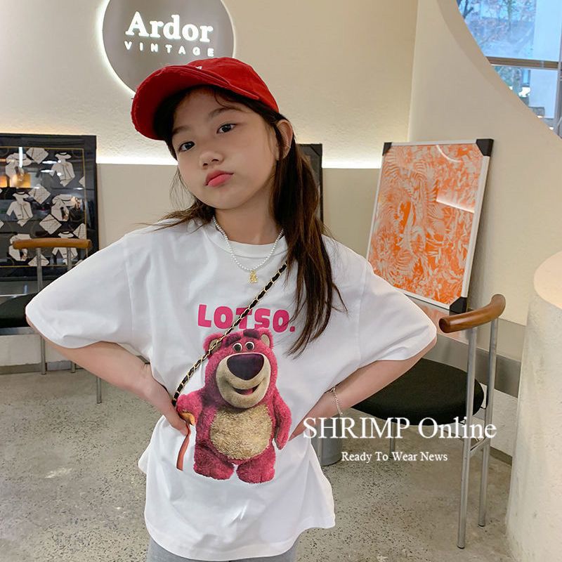 2022 summer new Korean version of boys' and girls' clothing foreign style half-sleeved tops in pure cotton strawberry bear short-sleeved t-shirt