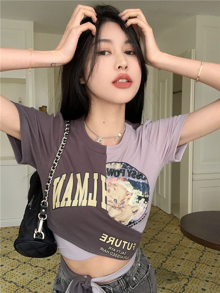  New Cat Print Short Sleeve T-Shirt Women's Summer Niche Design Strap Hot Girl Short Navel Top