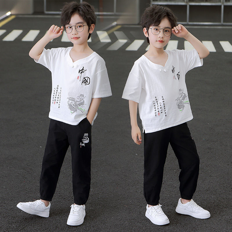 男童短袖套装男孩中国风汉服儿童唐装夏季薄款棉麻两件套表演服潮