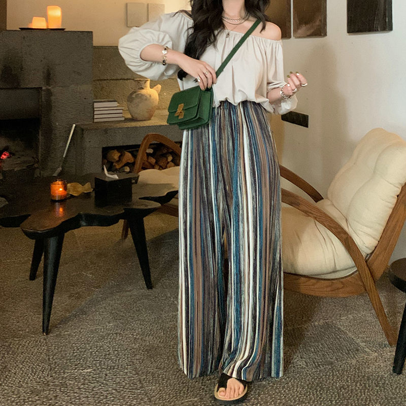 High waist retro casual striped wide-leg pants women's summer thin section drape wrinkle straight tube mopping pants design trendy