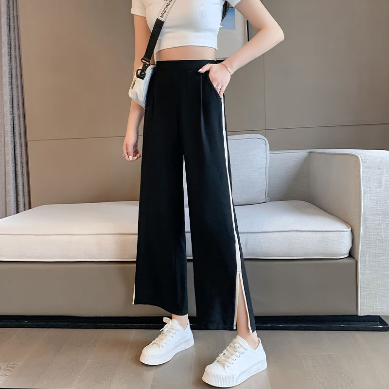 Slit ice silk wide-leg pants nine-point women's chiffon 2024 new high-waisted loose casual summer thin straight pants