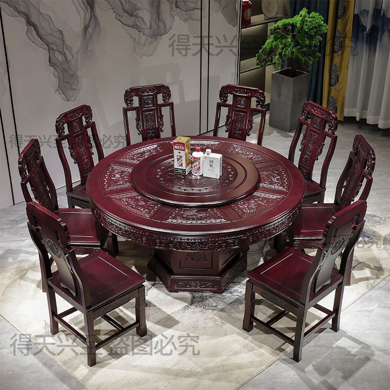 全实木餐桌中式仿古雕花餐桌椅组合家用10人饭桌带转盘大户型圆桌