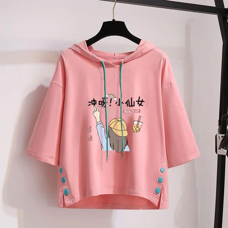 Cotton short-sleeved T-shirt children's clothes girls summer clothes  new hooded foreign style big children's tops bottoming shirts