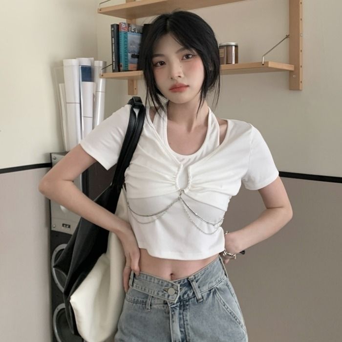 White hanging neck babes short-sleeved T-shirt women's summer short style pure desire wind exposed waist top clothes design sense niche compassionate