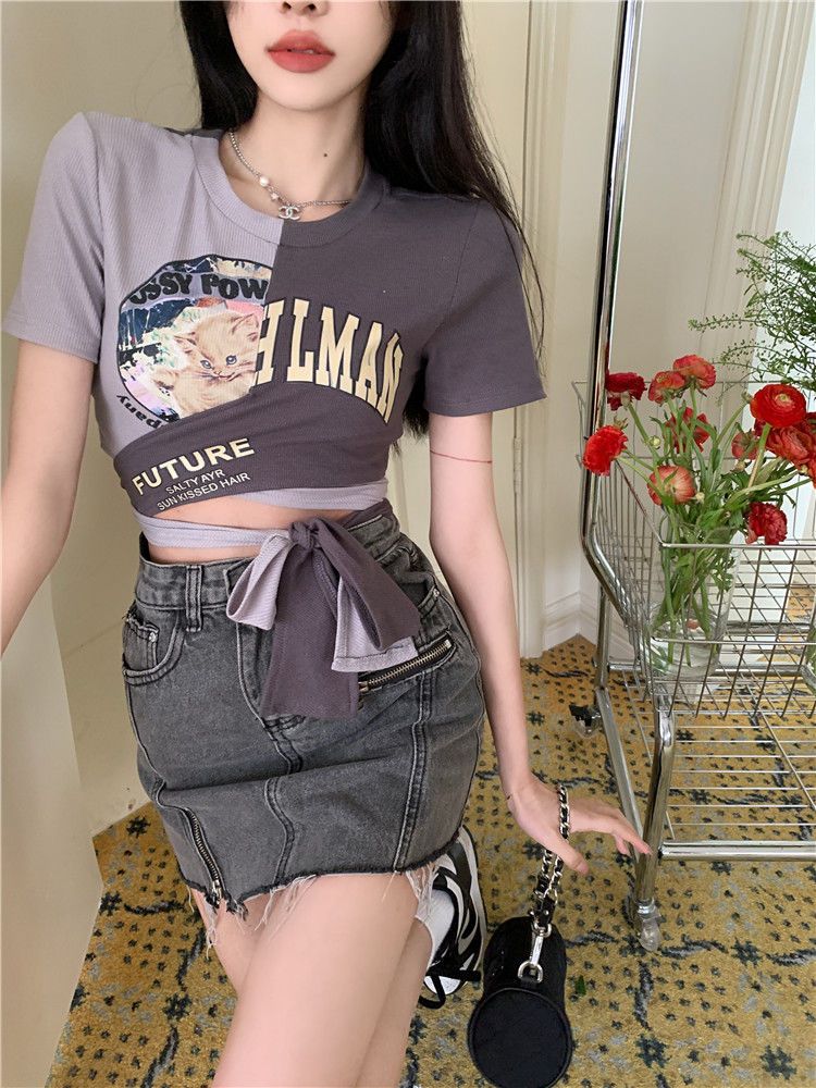  New Cat Print Short Sleeve T-Shirt Women's Summer Niche Design Strap Hot Girl Short Navel Top