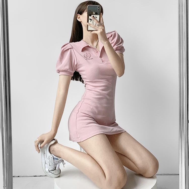 辣妹粉色泡泡袖連衣裙女夏季設計感小眾收腰顯瘦修身a字包臀短裙