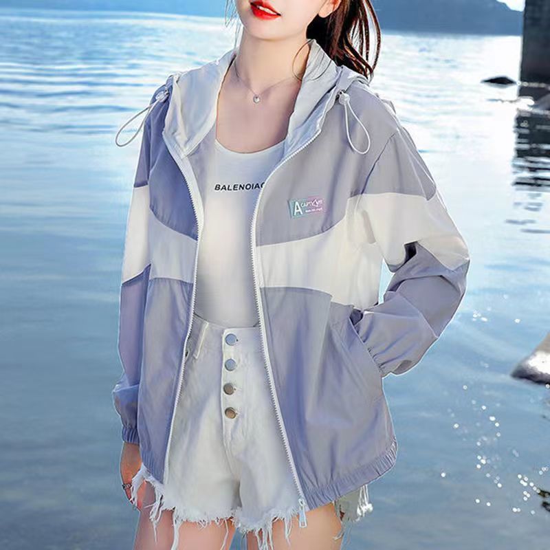 New stitching sunscreen women's  summer hooded Korean version light and breathable anti-ultraviolet large size thin coat