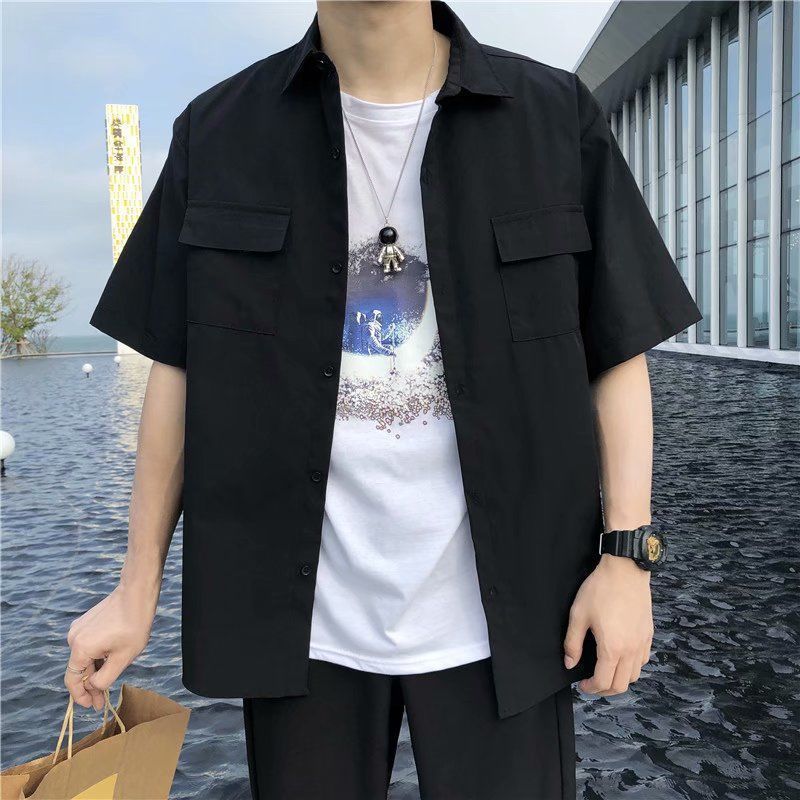 Hong Kong style ins shirt men's short-sleeved Korean version of solid color tooling shirt trend summer thin section five-and-a-half-sleeve Japanese