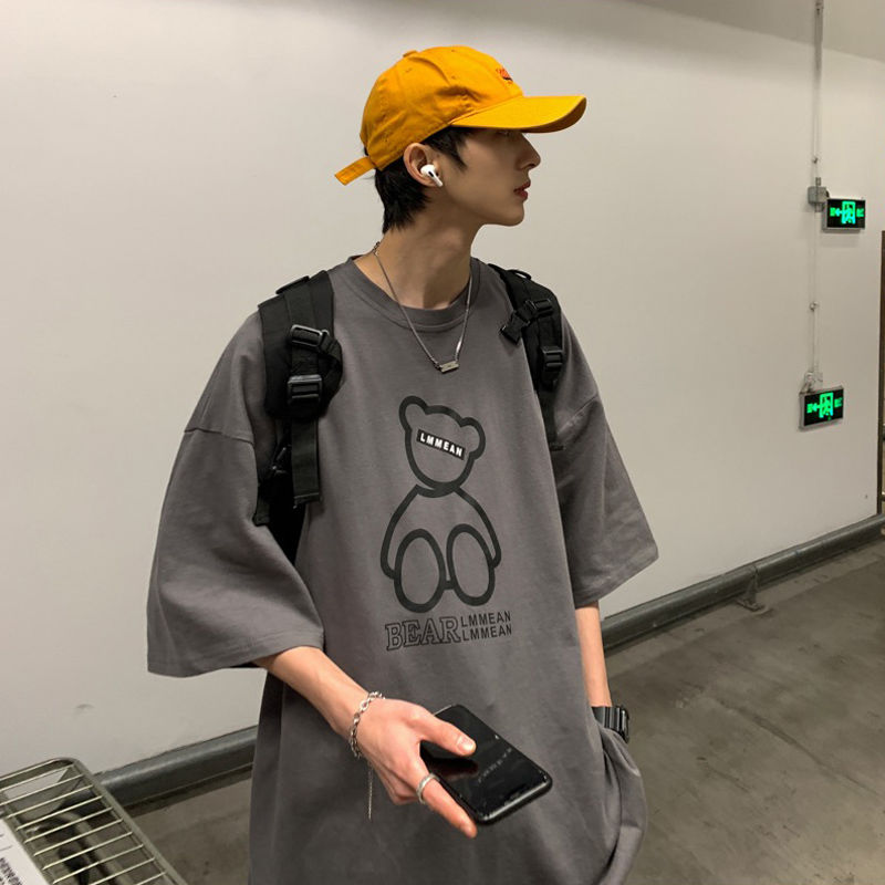 100%純棉短袖t恤男夏季個性小熊印花潮流ins港風女寬鬆百搭五分袖