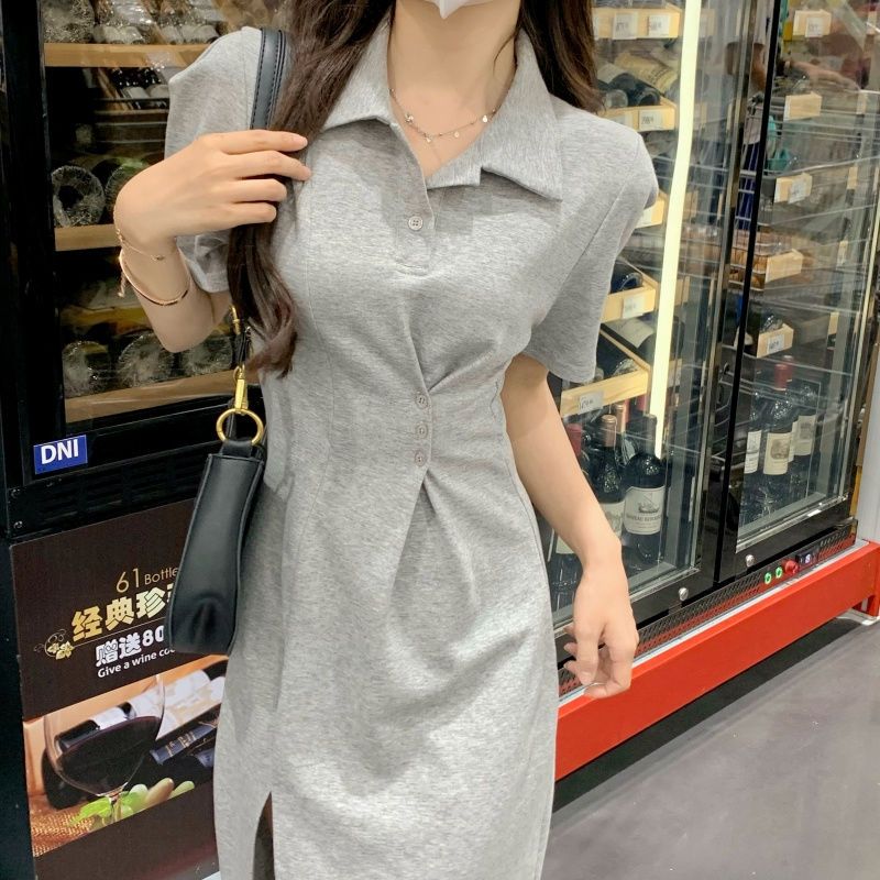 Salt style POLO collar short-sleeved dress women's design sense slit waist waist look thin mid-length bag hip skirt ins trend