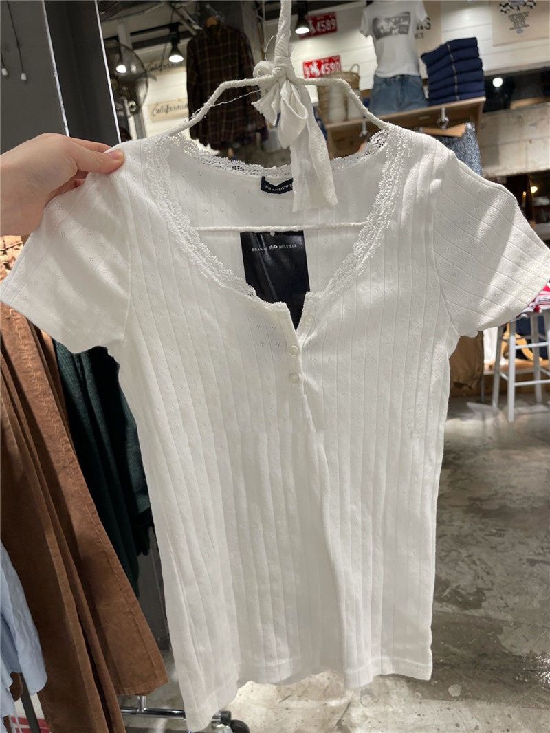2022 summer new eyelet hot girl top women's bm style lace lace pure cotton short-sleeved t-shirt super hot all-match trend