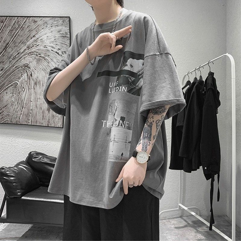 100%純棉夏季t恤男短袖半袖ins風潮牌男生寬鬆衫潮流港風印花體恤