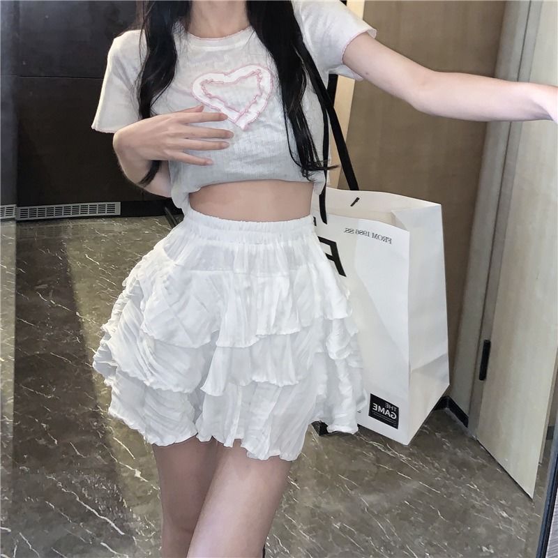 White A-line Half-length Skirt for Women  Spring/Summer New Small Market Pure and Versatile Short Skirt High Waist Slim Cake Skirt