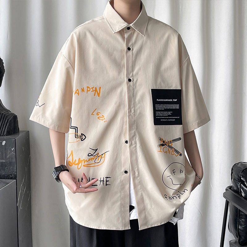 Ice silk shirt men's short-sleeved summer thin section ins Hong Kong style Japanese trendy handsome shirt loose half-sleeved jacket
