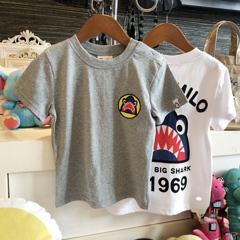 100% cotton children's clothing 2022 summer new shark print children boys and girls short-sleeved T-shirt students parent-child clothing