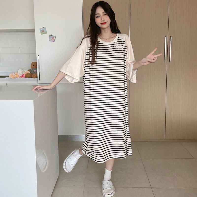 Cartoon nightdress summer women's pure cotton short-sleeved loose large size one-piece pajamas summer long section cute outerwear home service