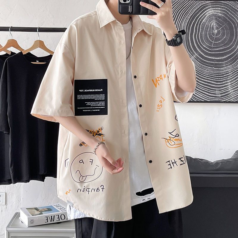 Ice silk shirt men's short-sleeved summer thin section ins Hong Kong style Japanese trendy handsome shirt loose half-sleeved jacket
