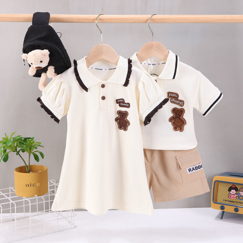 男女童夏季短袖套裝寶寶學院風夏裝衣服兒童洋氣姐弟兄妹裝兩件套