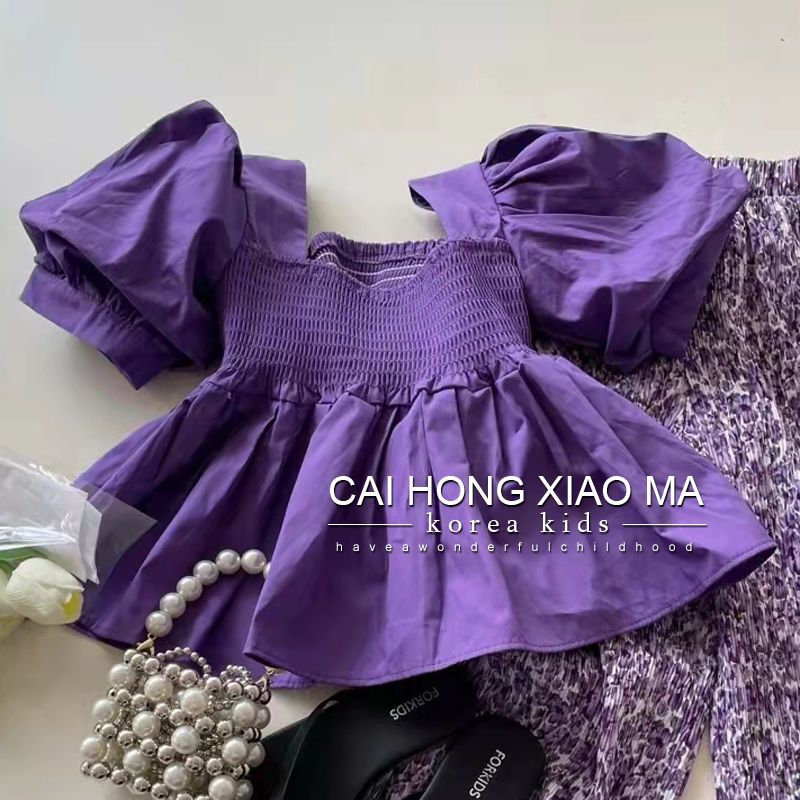 Girls' suit 2022 summer fashion latest style medium and large children's foreign style short-sleeved top floral trousers two-piece set